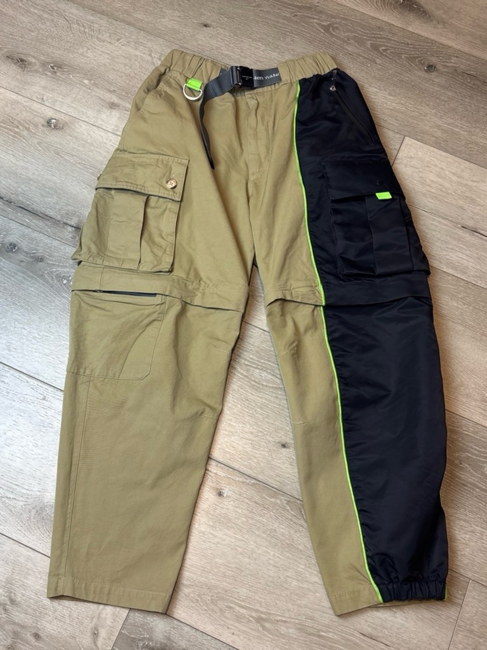 Men's Two-Tone Cargo Pants - Olive & Black with Neon Trim
